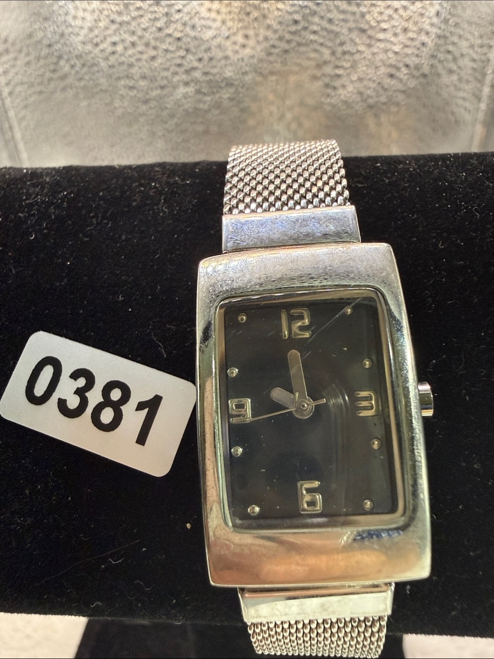 Women's Silver-Tone Rectangular Mesh Bracelet Watch with Black Dial